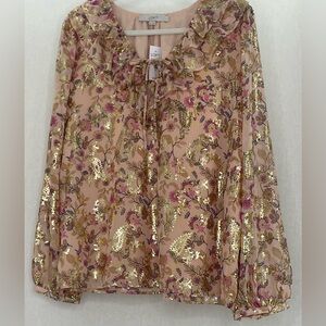 NWT Loft Shimmer Floral Ruffle Tie Neck Blouse - Size XL